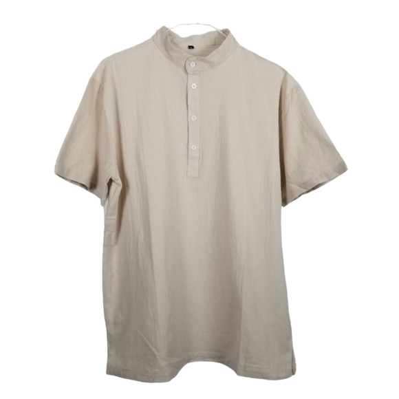 OUKU 100% Linen Half Button Shirt Short Sleeve Neutral Cream Pull Over Crinkle - Picture 1 of 8